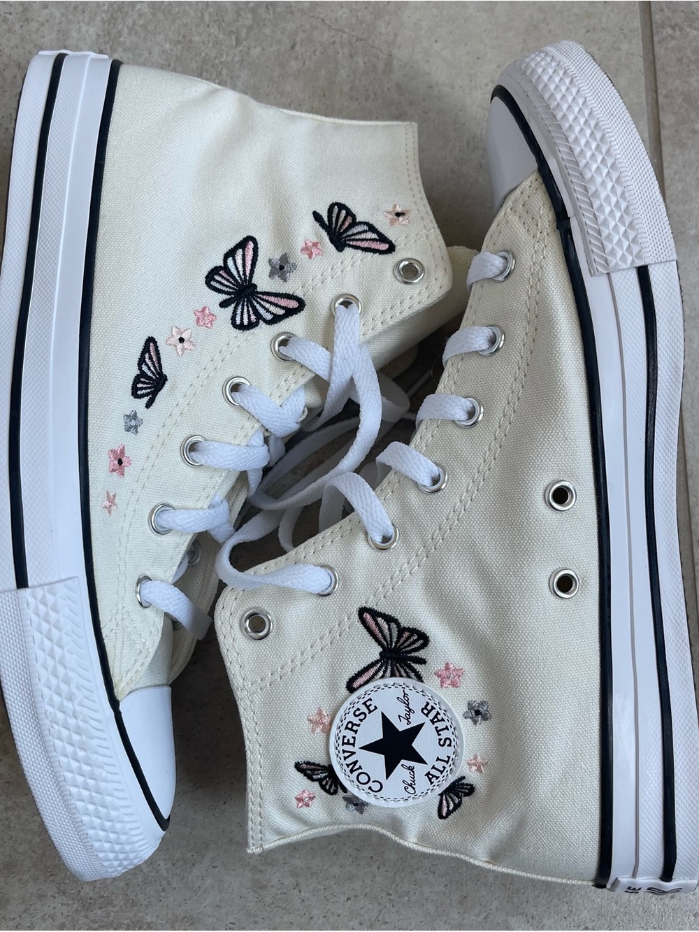 Converse Kids Cream High Top Sneakers with Pink & Gray Butterfly Embroidery Sz 6
